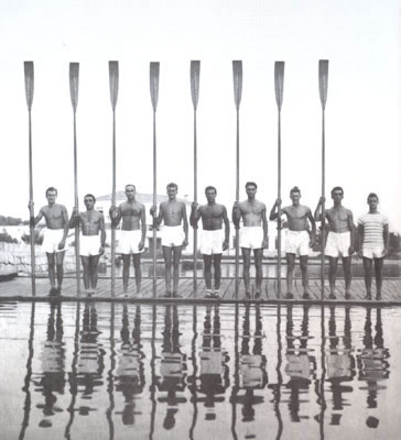 Prvi seniori nakon rata D. Grdović, Vladović, Škoric, B. Grdović, Perić, Šimunov, Aras, Ivić i korm. Dvornik, Zadar 1949.